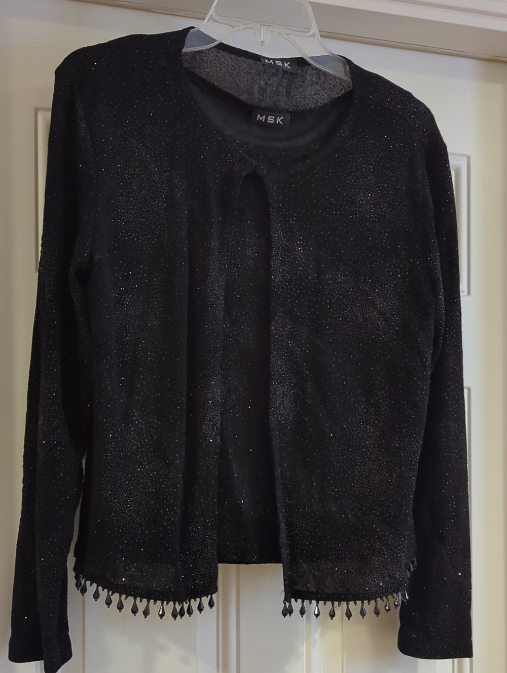 MSK Black Sparkle Open-Front Cardigan And Shell, with Beaded Fringe